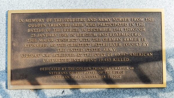 GOLDEN TRIANGLE AREA BATTLE OF THE BULGE WAR MEMORIAL PLAQUE
