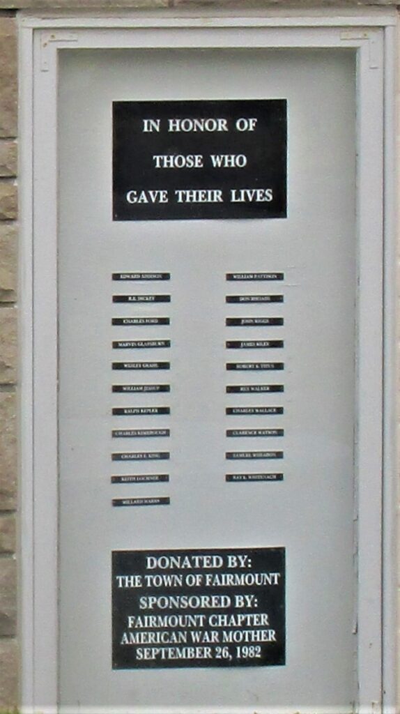 TOWN OF FAIRMOUNT HONOR ROLL MEMORIAL PANEL A