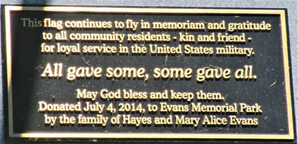 EVANS MEMORIAL PARK FLAGPOLE PLAQUE