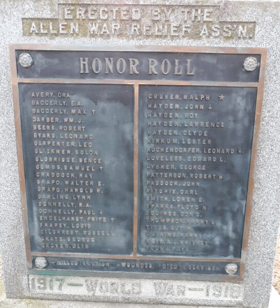 ALLEN WORLD WAR HONOR ROLL MEMORIAL PLAQUE