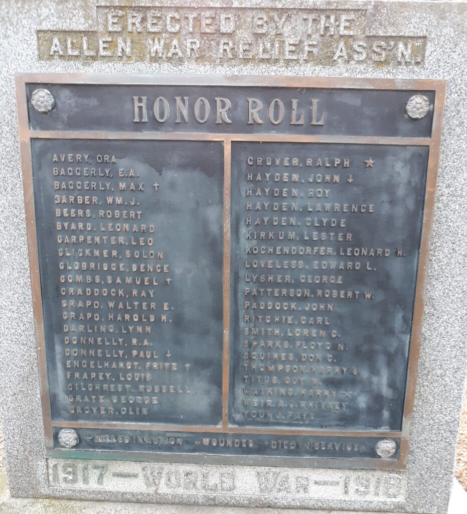 ALLEN WORLD WAR HONOR ROLL MEMORIAL PLAQUE