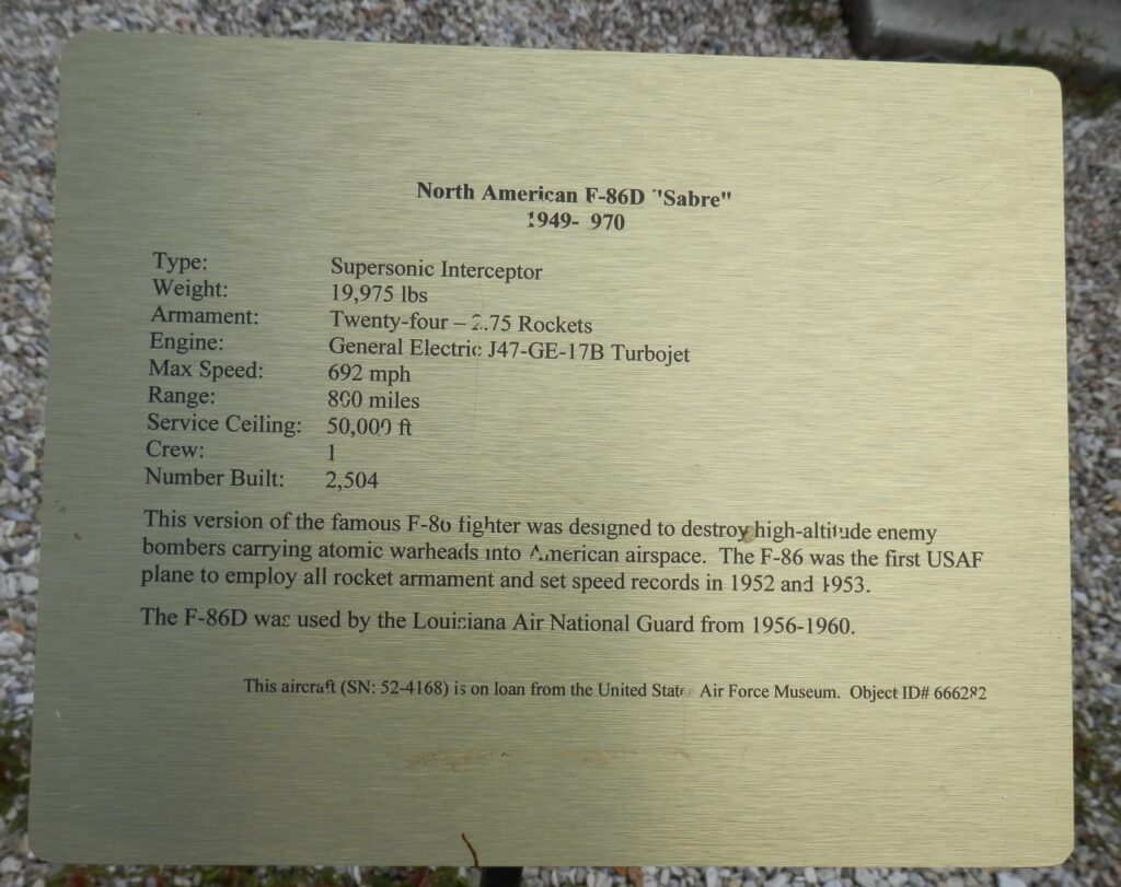 NORTH AMERICAN F-86D “SABRE”  AIRCRAFT MEMORIAL PLAQUE