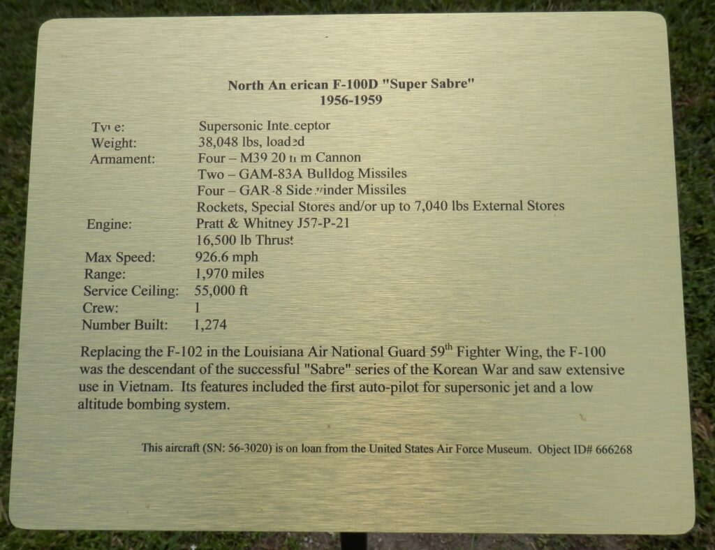 NORTH AMERICAN F-100D “SUPER SABRE” AIRCRAFT MEMORIAL PLAQUE