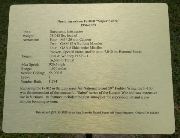 NORTH AMERICAN F-100D “SUPER SABRE” AIRCRAFT MEMORIAL PLAQUE
