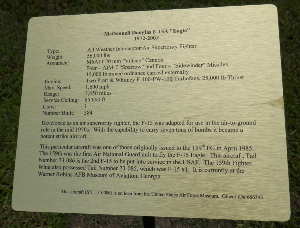 MCDONNELL DOUGLAS F-15A “EAGLE” AIRCRAFT MEMORIAL PLAQUE