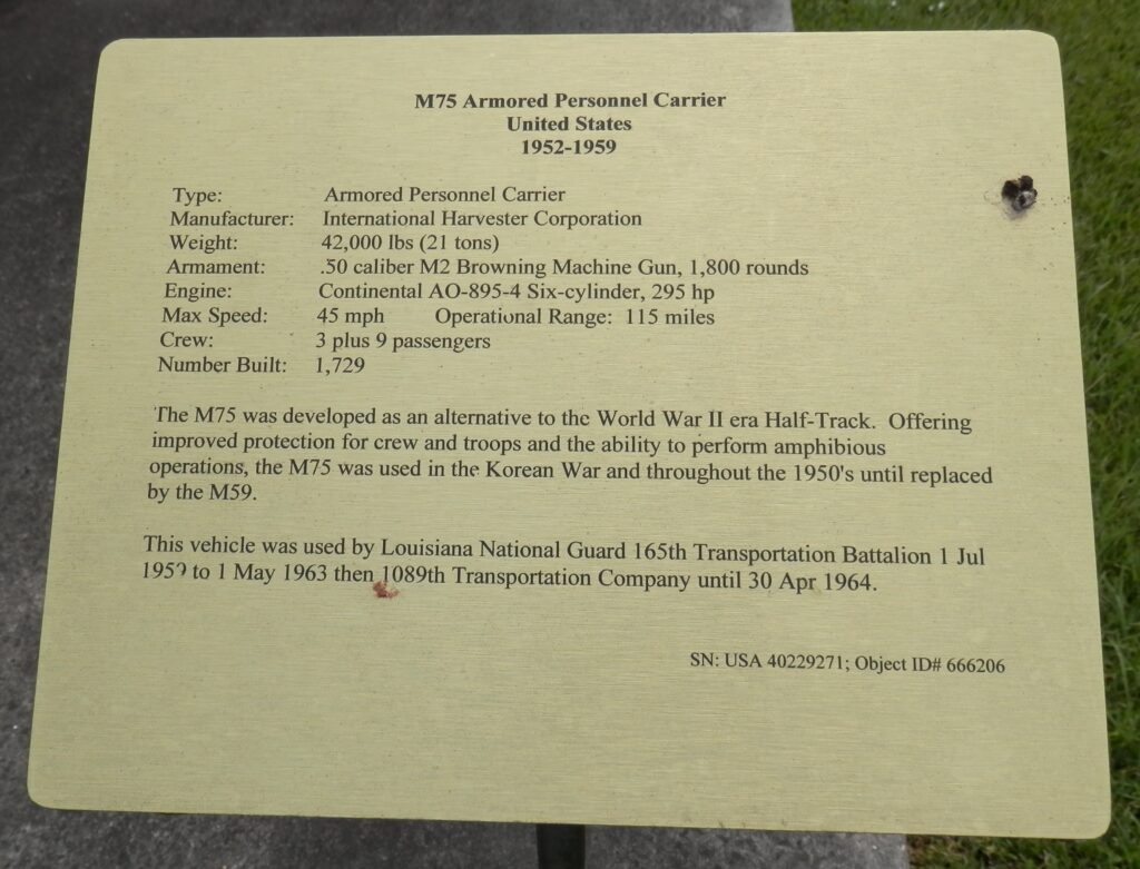 M75 ARMORED PERSONNEL CARRIER WAR MEMORIAL PLAQUE