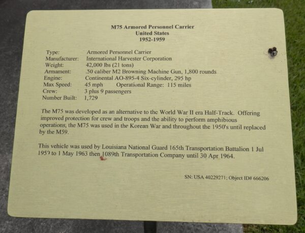 M75 ARMORED PERSONNEL CARRIER WAR MEMORIAL PLAQUE