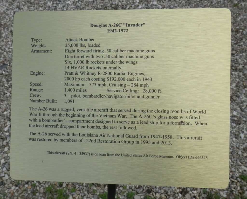 DOUGLAS A-26C “INVADER” MEMORIAL AIRCRAFT PLAQUE