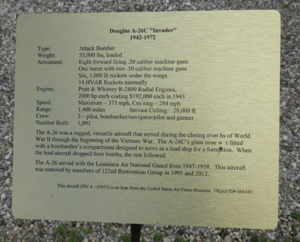 DOUGLAS A-26C “INVADER” MEMORIAL AIRCRAFT PLAQUE