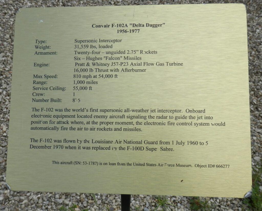 CONVAIR F-102A “DELTA DAGGER” AIRCRAFT MEMORIAL PLAQUE