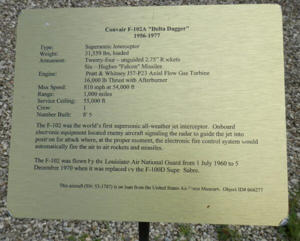 CONVAIR F-102A “DELTA DAGGER” AIRCRAFT MEMORIAL PLAQUE