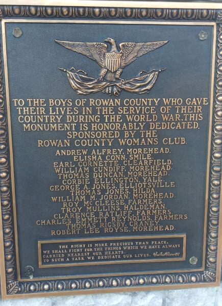 ROWAN COUNTY WORLD WAR I MEMORIAL PLAQUE A