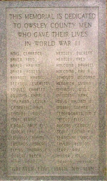 OWSLEY COUNTY WAR VETERANS MEMORIAL STONE A