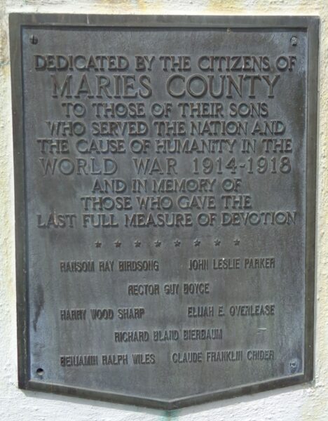 MARIES COUNTY WORLD WAR 1914-1918 MEMORIAL PLAQUE