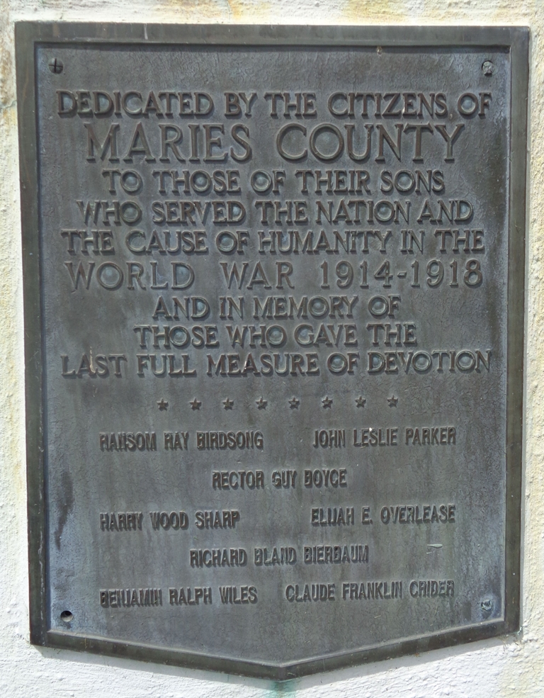 MARIES COUNTY WORLD WAR 1914-1918 MEMORIAL PLAQUE