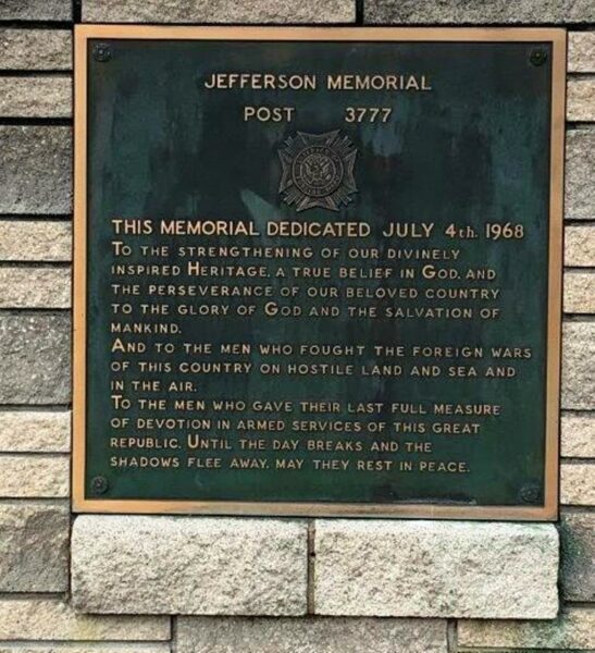 JEFFERSON MEMORIAL POST 3777 WAR MEMORIAL PLAQUE