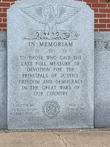AMERICAN LEGION PEEBLES VAUGHN WIDEMAN POST 253 WAR MEMORIAL CENTER STONE