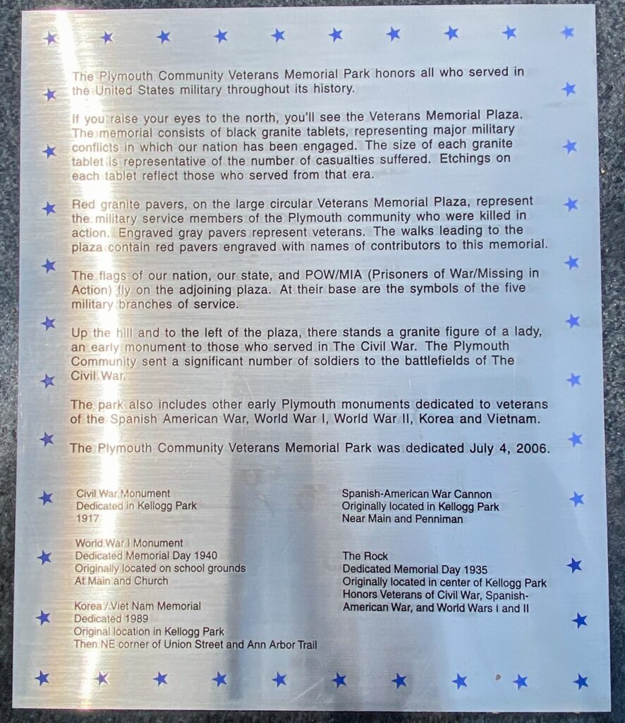 PLYMOUTH COMMUNITY VETERANS MEMORIAL PARK PLAQUE