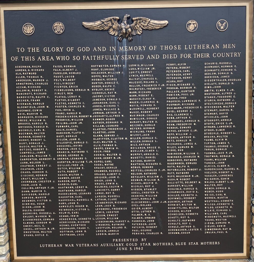 LUTHERAN WAR VETERANS MEMORIAL PLAQUE