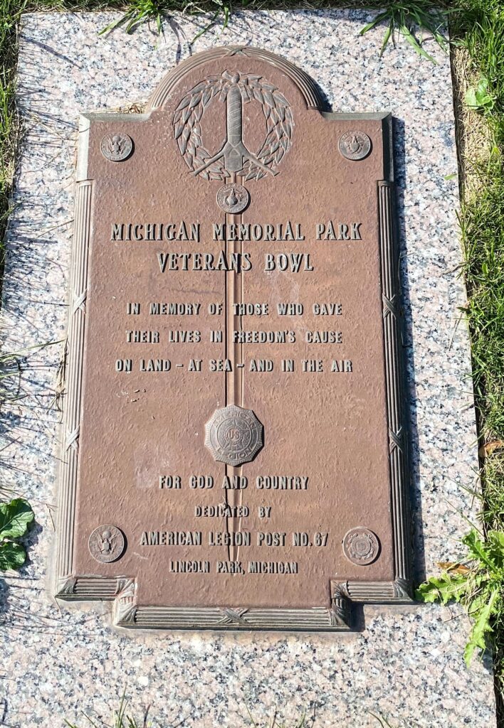 MICHIGAN MEMORIAL PARK VETERANS BOWL PLAQUE
