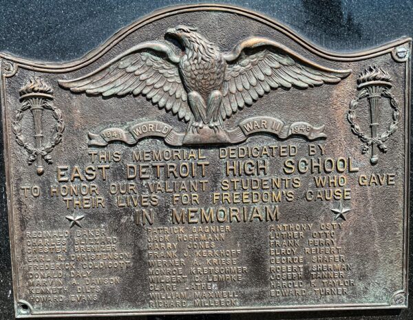 EAST DETROIT HIGH SCHOOL WORLD WAR II MEMORIAL PLAQUE