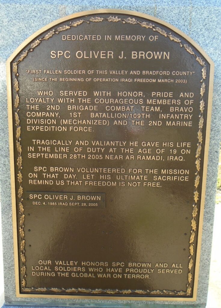 SPC OLIVER J. BROWN WAR MEMORIAL PLAQUE A