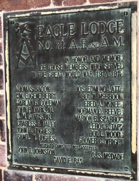 EAGEL LODGE NO. 71. A.F. AND A.M. WORLD WAR MEMORIAL PLAQUE