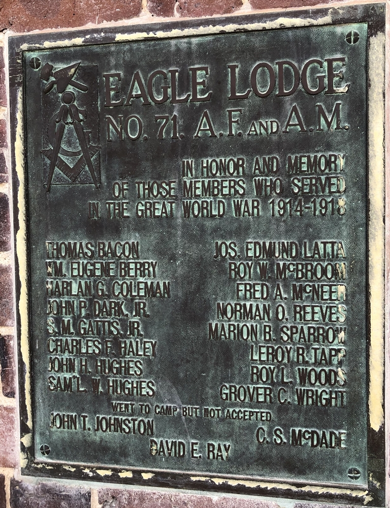 EAGEL LODGE NO. 71. A.F. AND A.M. WORLD WAR MEMORIAL PLAQUE