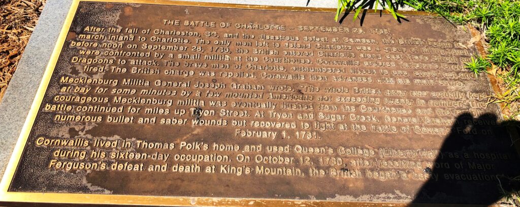 THE BATTLE OF CHARLOTTE SEPTEMBER 26, 1780 WAR MEMORIAL PLAQUE