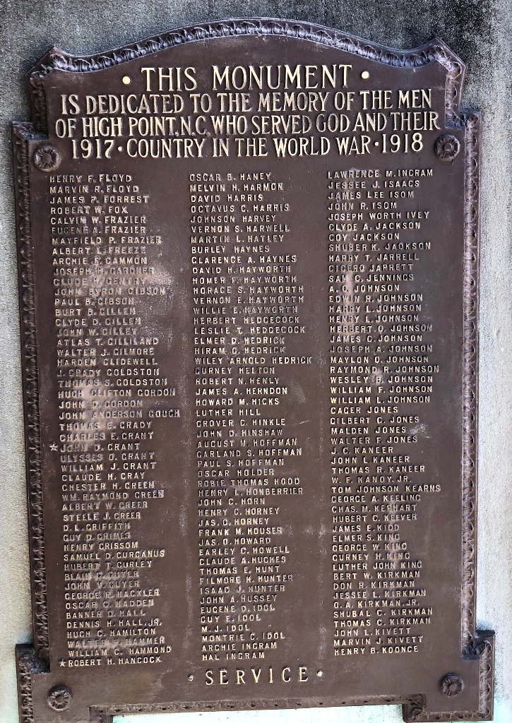 HIGH POINT WORLD WAR I MEMORIAL PLAQUE D