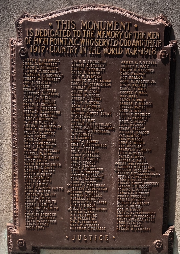 HIGH POINT WORLD WAR I MEMORIAL PLAQUE C