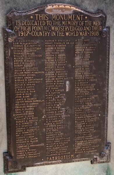 HIGH POINT WORLD WAR I MEMORIAL PLAQUE B
