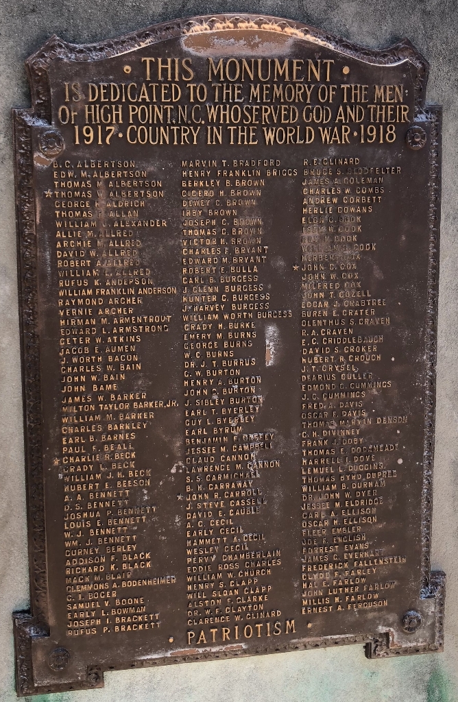 HIGH POINT WORLD WAR I MEMORIAL PLAQUE B