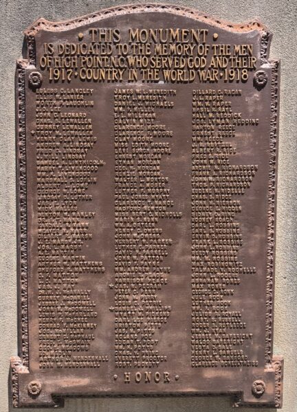 HIGH POINT WORLD WAR I MEMORIAL PLAQUE A