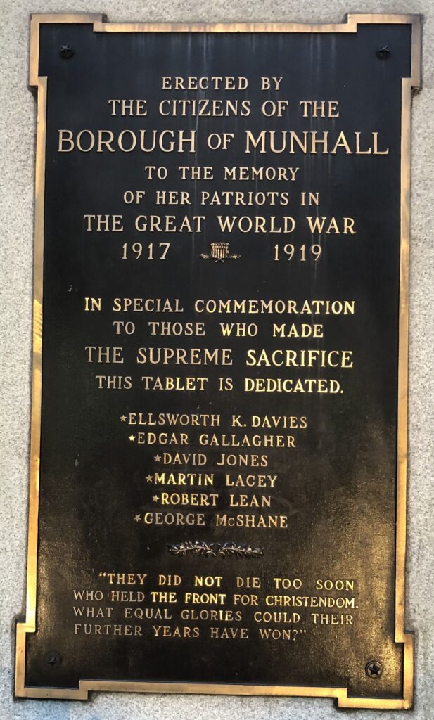 BOROUGH OF MUNHALL GREAT WORLD WAR MEMORIAL PLAQUE A