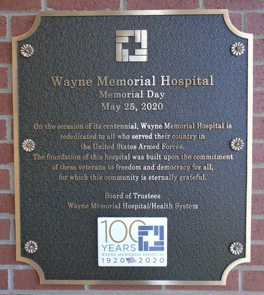 WAYNE MEMORIAL HOSPITAL ARMED FORCES MEMORIAL PLAQUE