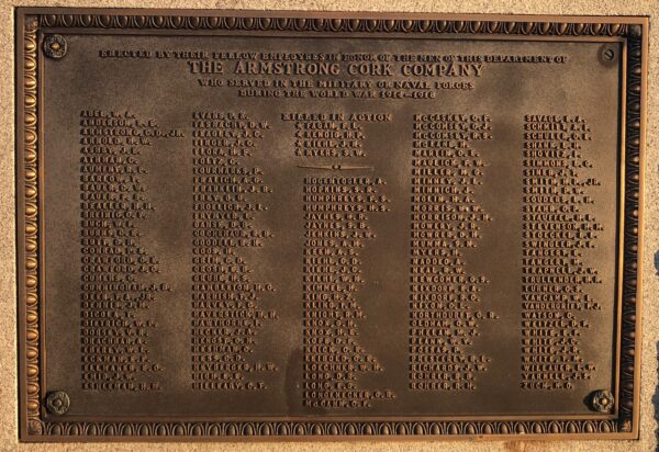 THE ARMSTRONG CORK COMPANY WORLD WAR MEMORIAL PLAQUE