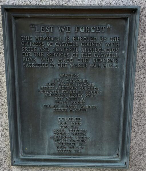 CASWELL COUNTY WORLD WAR SUPREME SACRIFICE MEMORIAL PLAQUE