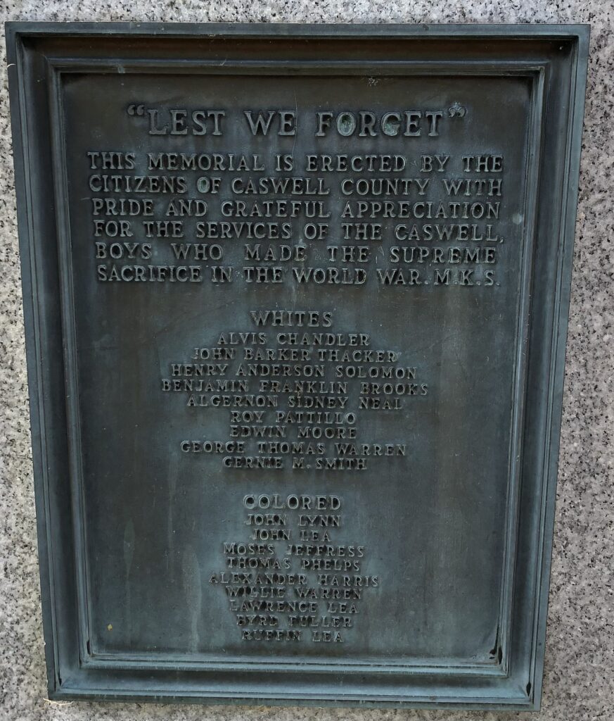 CASWELL COUNTY WORLD WAR SUPREME SACRIFICE MEMORIAL PLAQUE