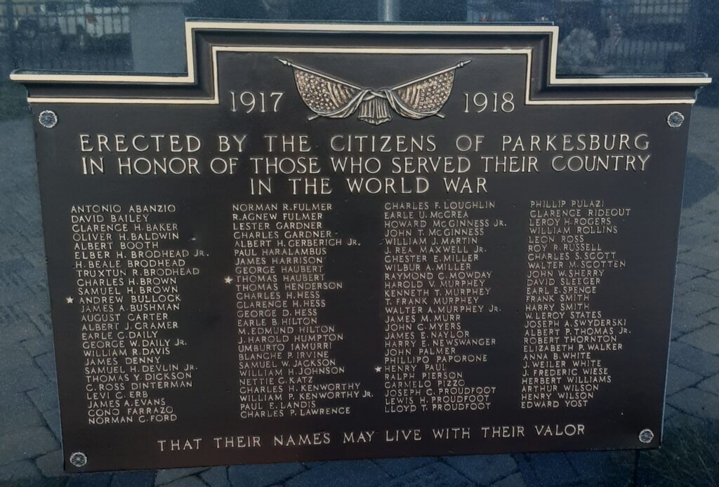 PARKESBURG WORLD WAR MEMORIAL PLAQUE