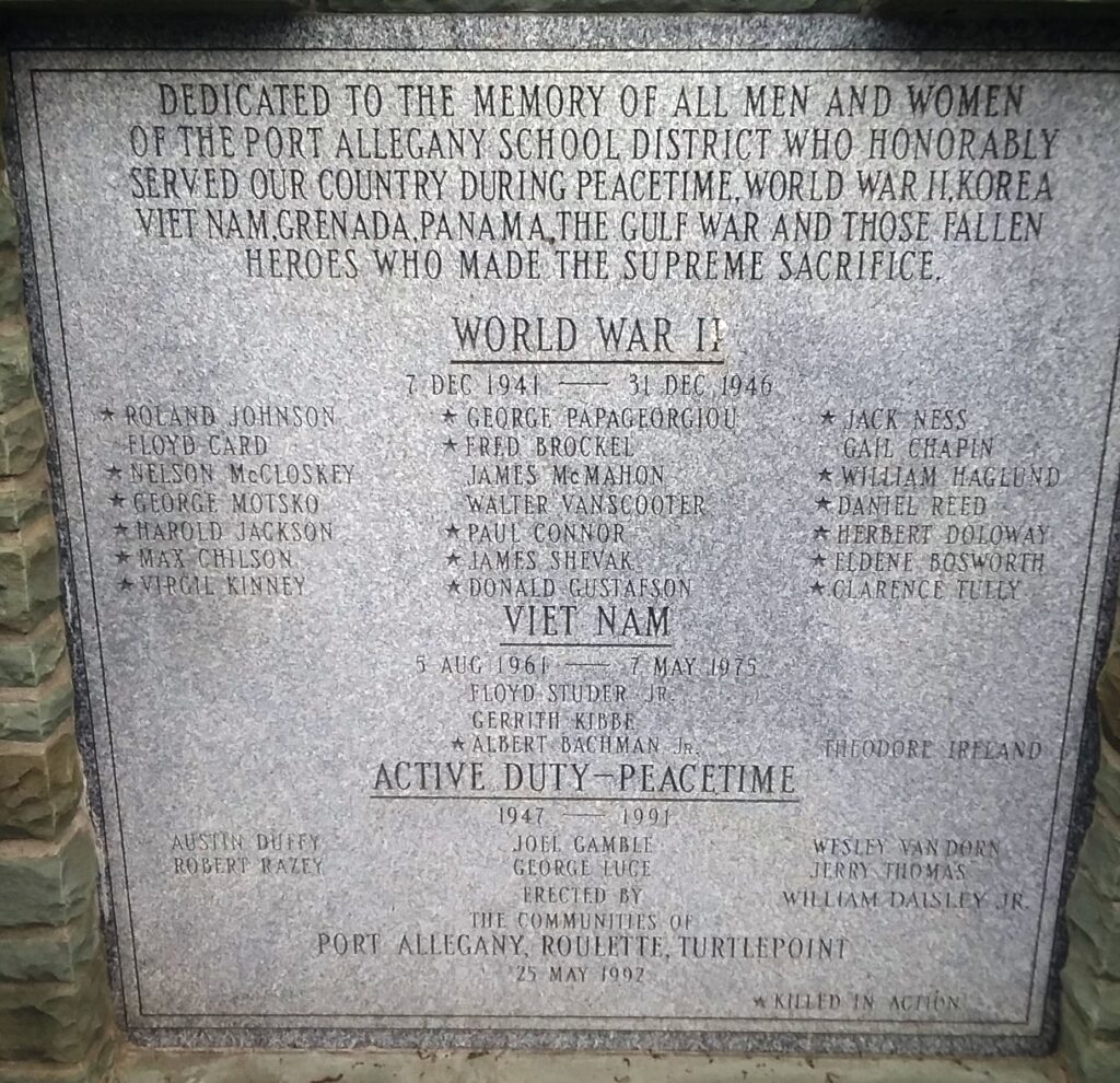 PORT ALLEGANY SCHOOL DISTRICT WAR VETERANS MEMORIAL STONE A