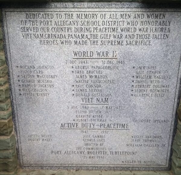 PORT ALLEGANY SCHOOL DISTRICT WAR VETERANS MEMORIAL STONE A