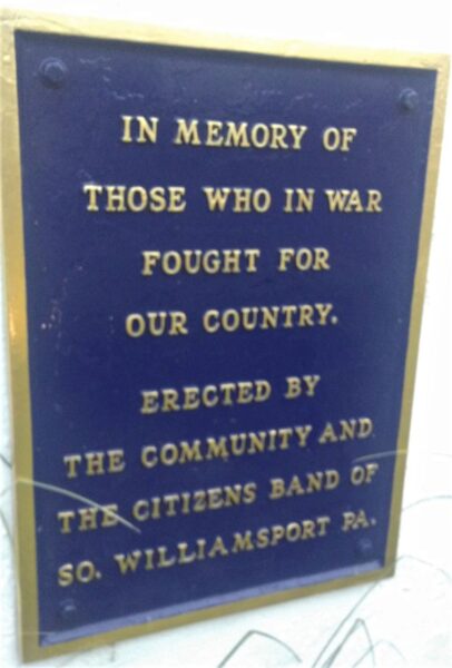 CITIZENS BAND OF SO. WILLIAMSPORT PA. WAR MEMORIAL PLAQUE