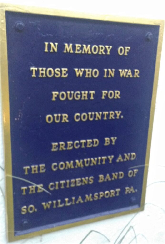 CITIZENS BAND OF SO. WILLIAMSPORT PA. WAR MEMORIAL PLAQUE