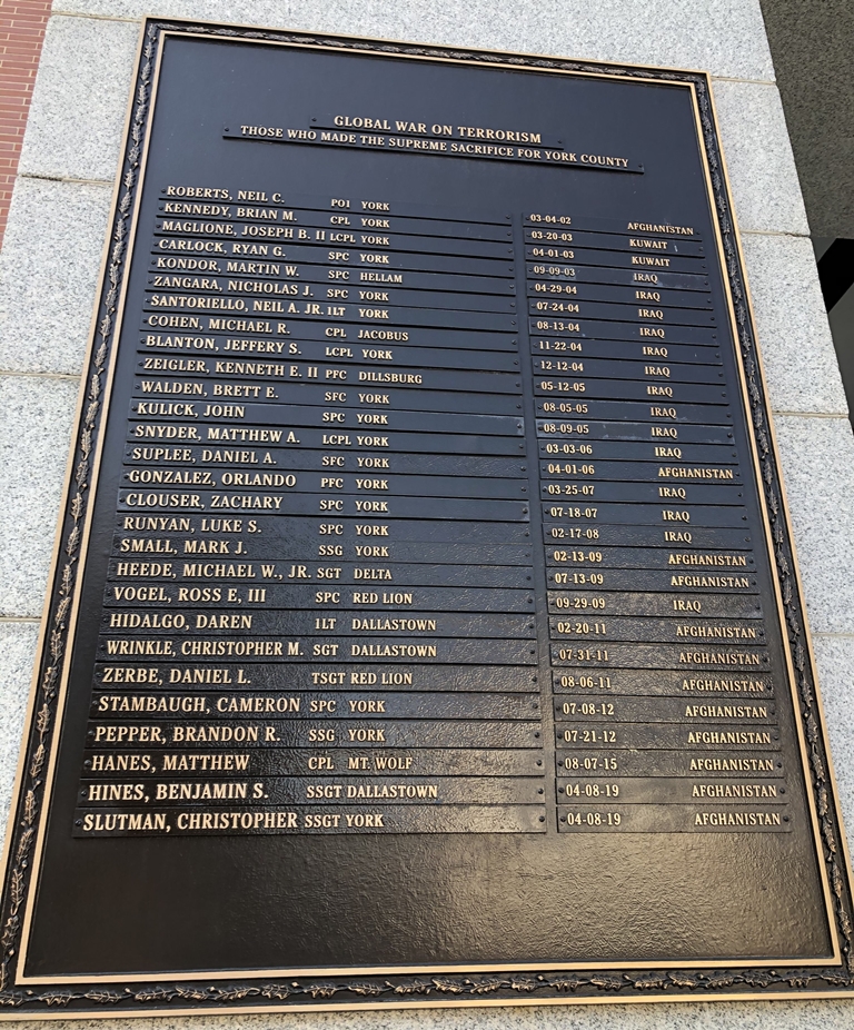 YORK COUNTY GLOBAL WAR ON TERRORISM MEMORIAL PLAQUE