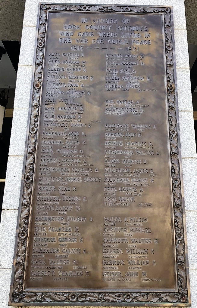 YORK COUNTY WAR FOR WORLD PEACE MEMORIAL PLAQUE A