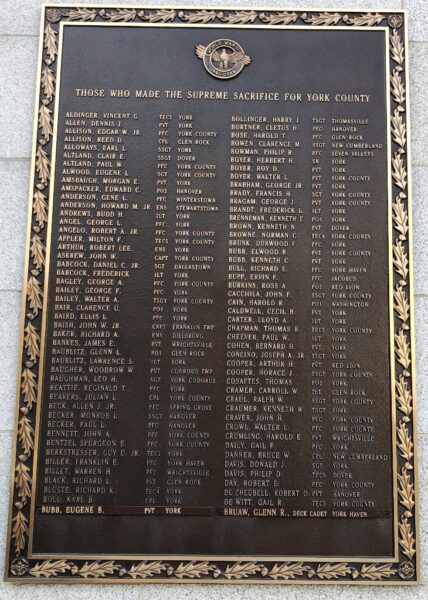YORK COUNTY WORLD WAR II MEMORIAL PLAQUE A