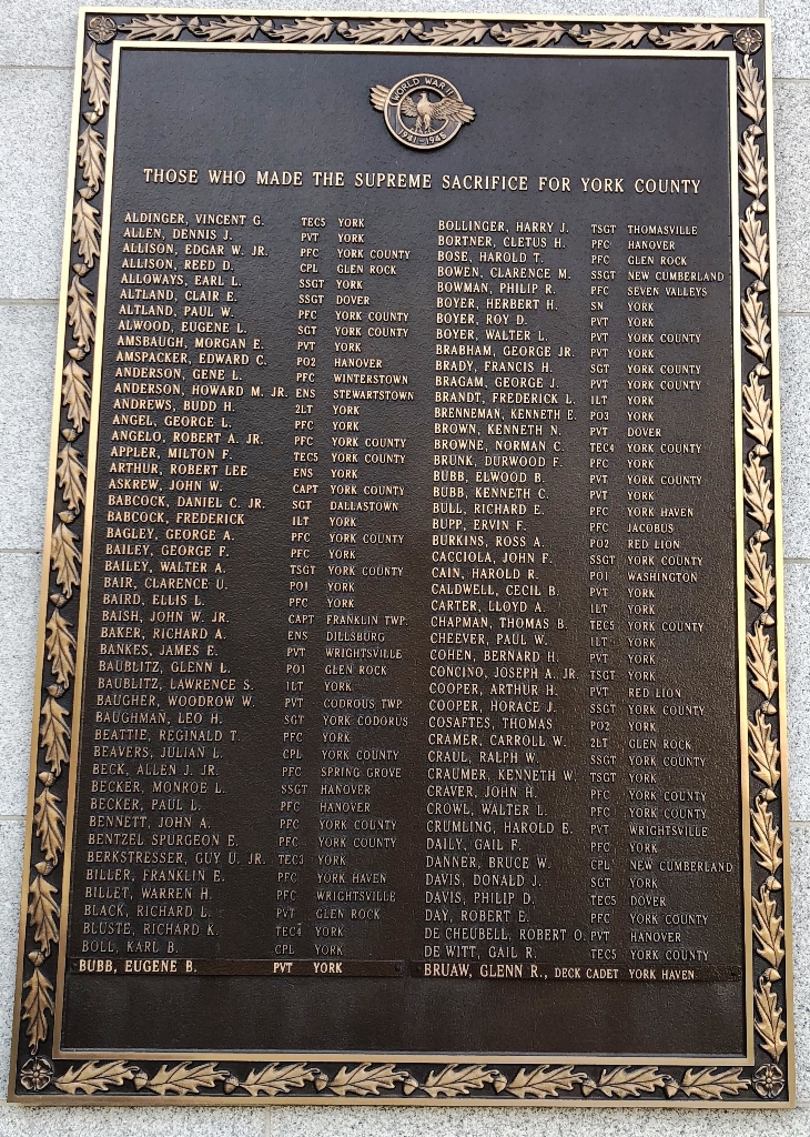 YORK COUNTY WORLD WAR II MEMORIAL PLAQUE A