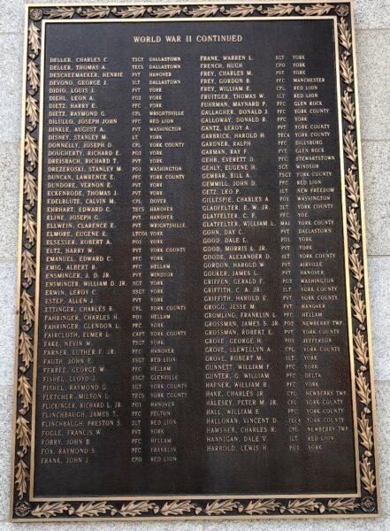 YORK COUNTY WORLD WAR II MEMORIAL PLAQUE B