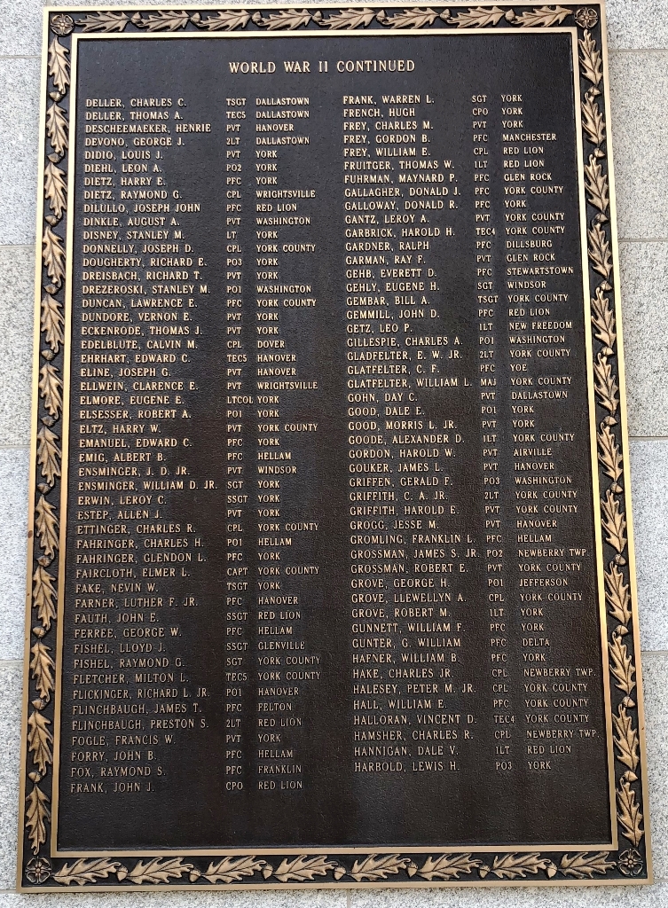 YORK COUNTY WORLD WAR II MEMORIAL PLAQUE B